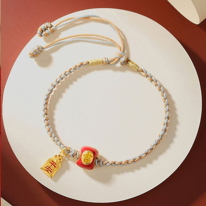 Bracelet tressé en argent sterling 925 fait à la main avec des Buddha Stones et des bénédictions de caractères chinois de bon augure