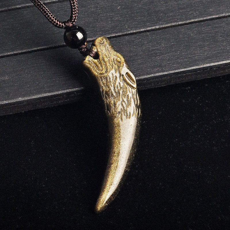 Buddha Stones Obsidienne noire naturelle Obsidienne de glace Obsidienne arc-en-ciel Motif dent de loup Collier force Pendentif