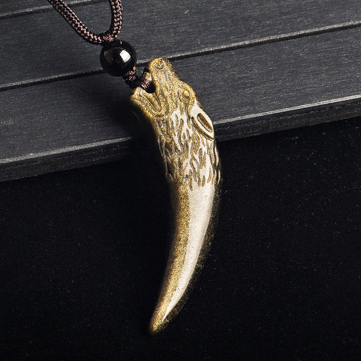 Buddha Stones Obsidienne noire naturelle Obsidienne de glace Obsidienne arc-en-ciel Motif dent de loup Collier force Pendentif