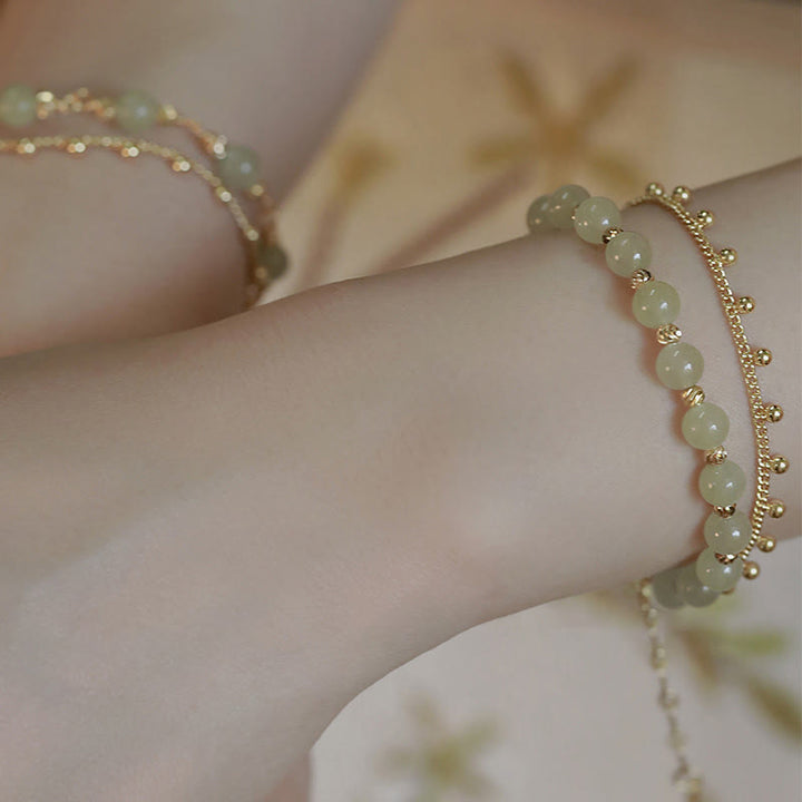 Bracelet de prospérité porte-bonheur en perles de jade Hetian plaqué or 14 carats à 2 couches