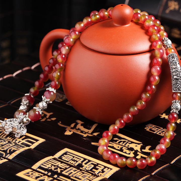 Bracelet triple tour positif en Buddha Stones, tourmaline pastèque naturelle PiXiu Elephant