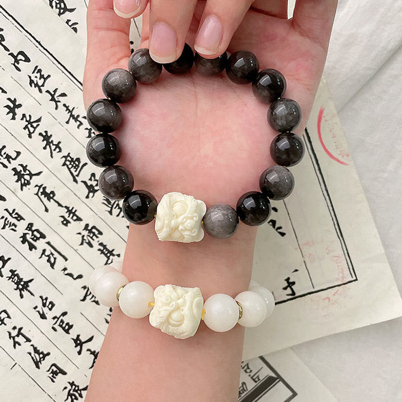Bracelet de protection en obsidienne argentée et brillante de Buddha Stones , graine de Bodhi, ivoire, fruit, lion dansant