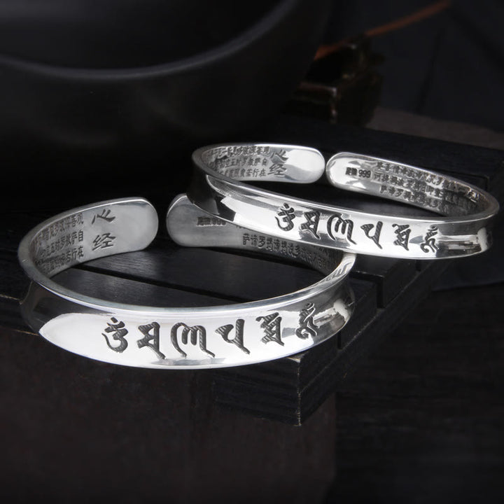 Bracelet jonc en argent sterling 999 Buddha Stones Om Mani Padme Hum Heart Sutra Love Peace