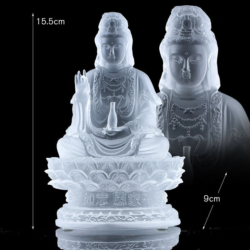 Buddha Stones Kwan Yin Avalokitesvara Figurine faite à la main Pièce d'art en cristal Liuli Statue de richesse Décoration d'offrande pour la maison - 15,5 cm Blanc - image 9