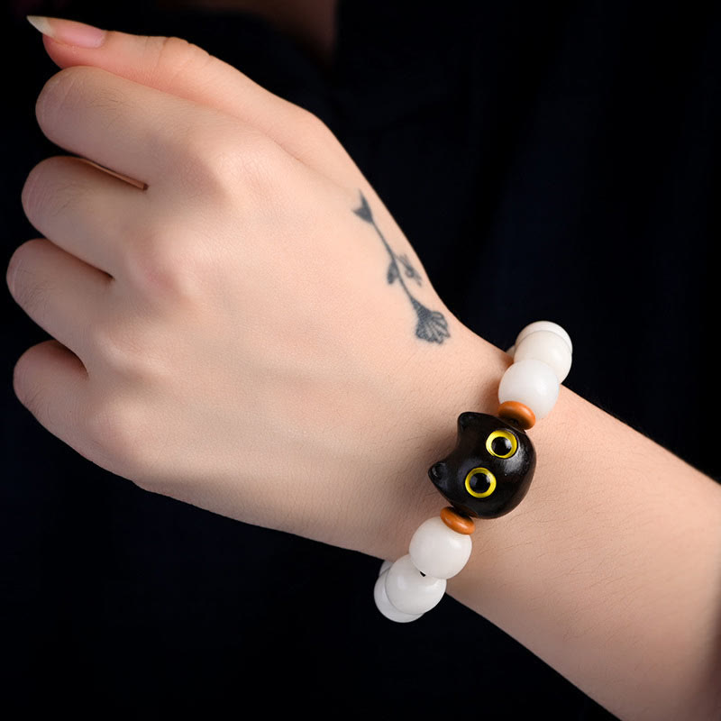 Bracelet de sagesse en Buddha Stones, graine de Bodhi naturelle, petite feuille, bois de santal rouge, bois d'ébène, joli chat porte-bonheur - image 12