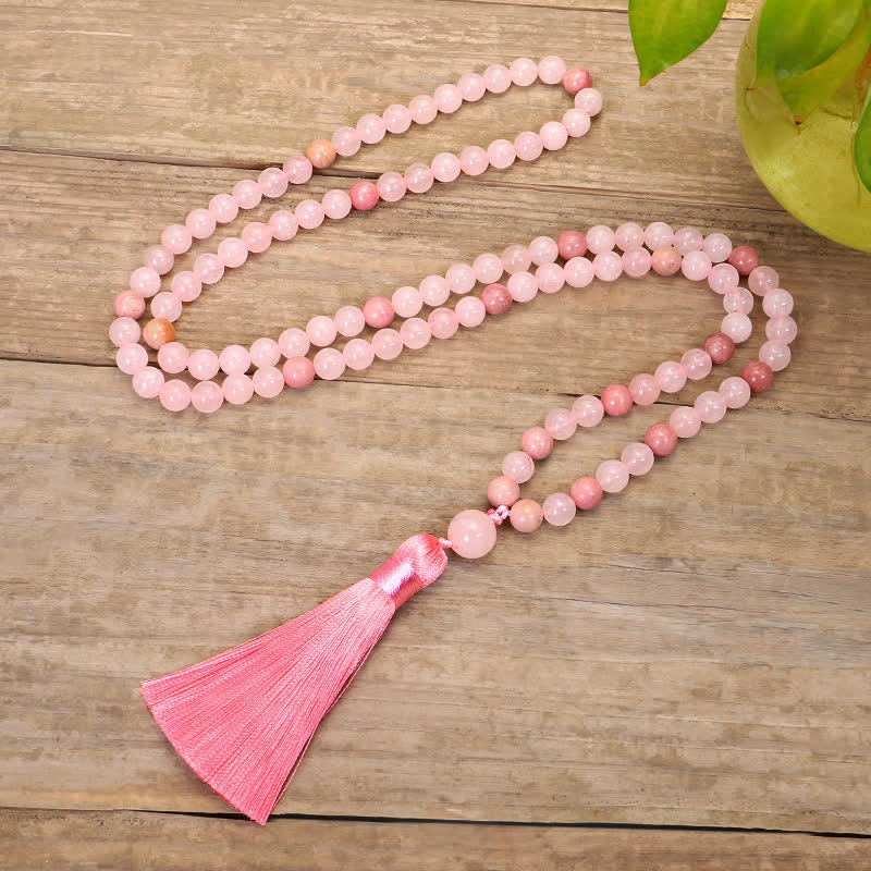 Bracelet Mala 108 perles en cristal rose avec pompon d'amour Buddha Stones