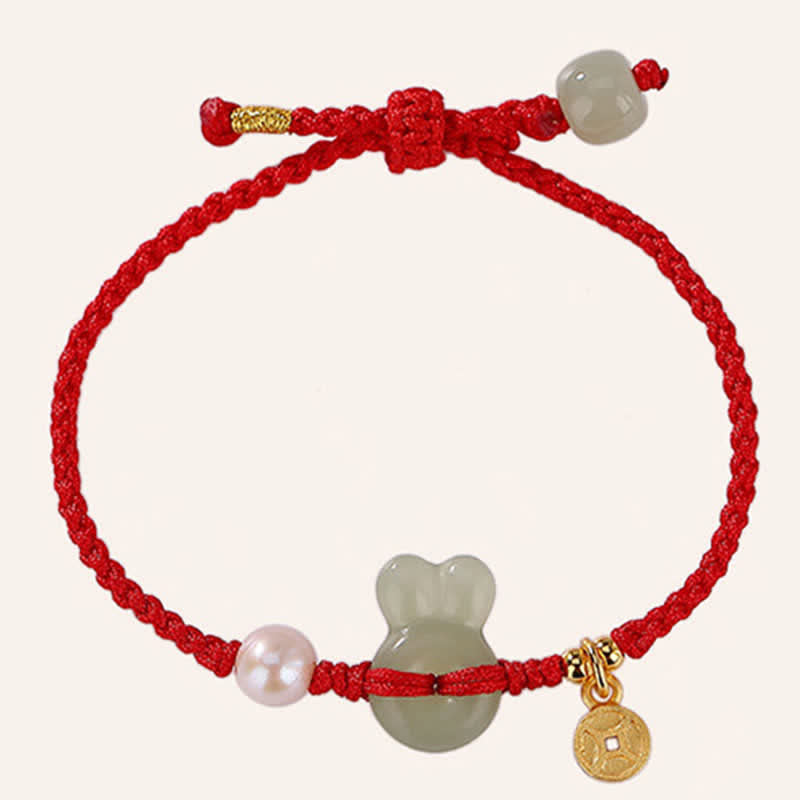 Bracelet en argent sterling 925 avec cordon rouge et pièce de cuivre en jade Hetian Année du lapin