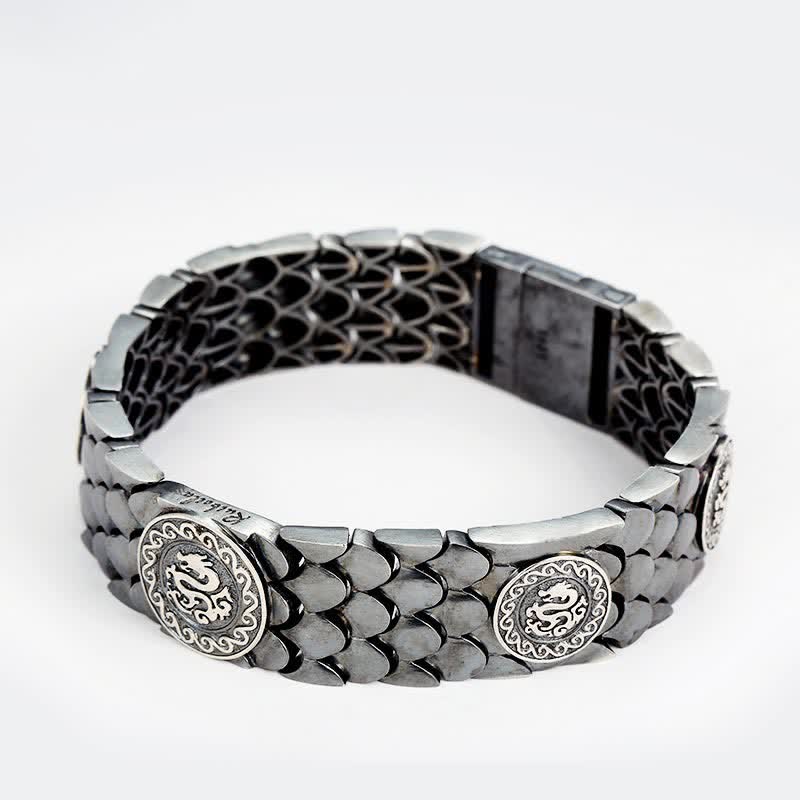 Bracelet jonc porte-bonheur en argent sterling 925 avec écailles de dragon et Buddha Stones