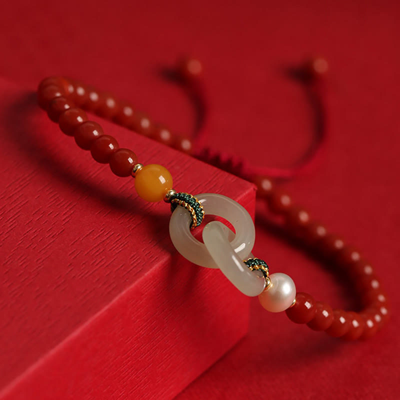 Bracelet de confiance à double boucle de paix en agate rouge naturelle et jade Hetian de Buddha Stones