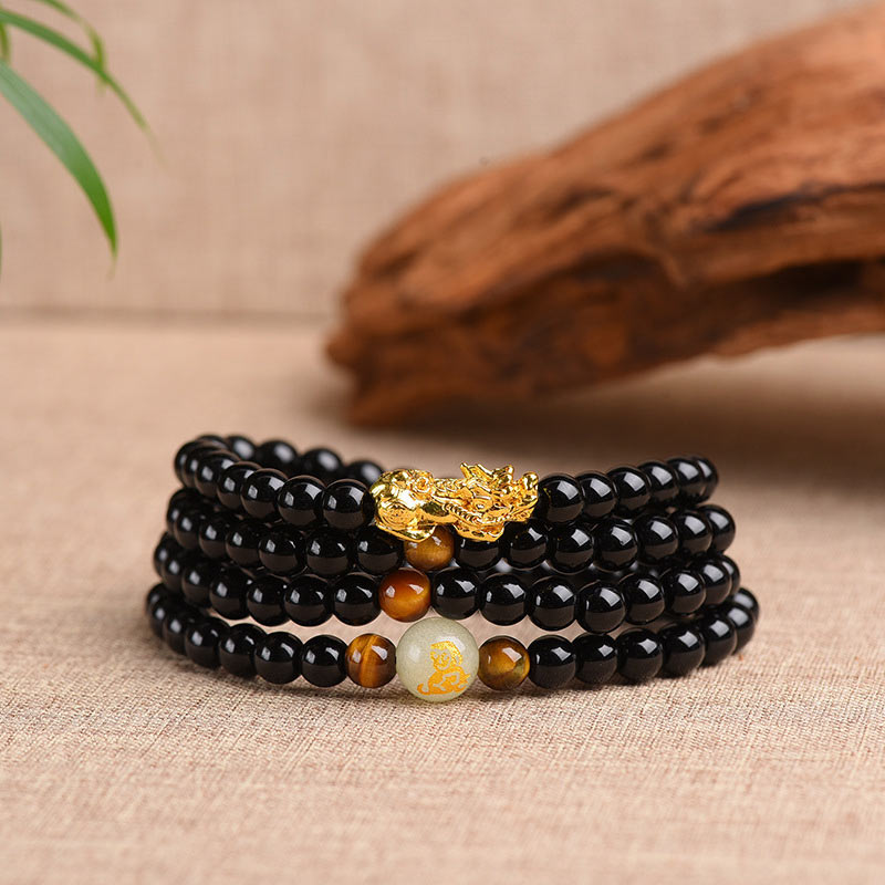 Bracelet Mala de protection PiXiu en obsidienne avec Buddha Stones et zodiaque chinois - image 1