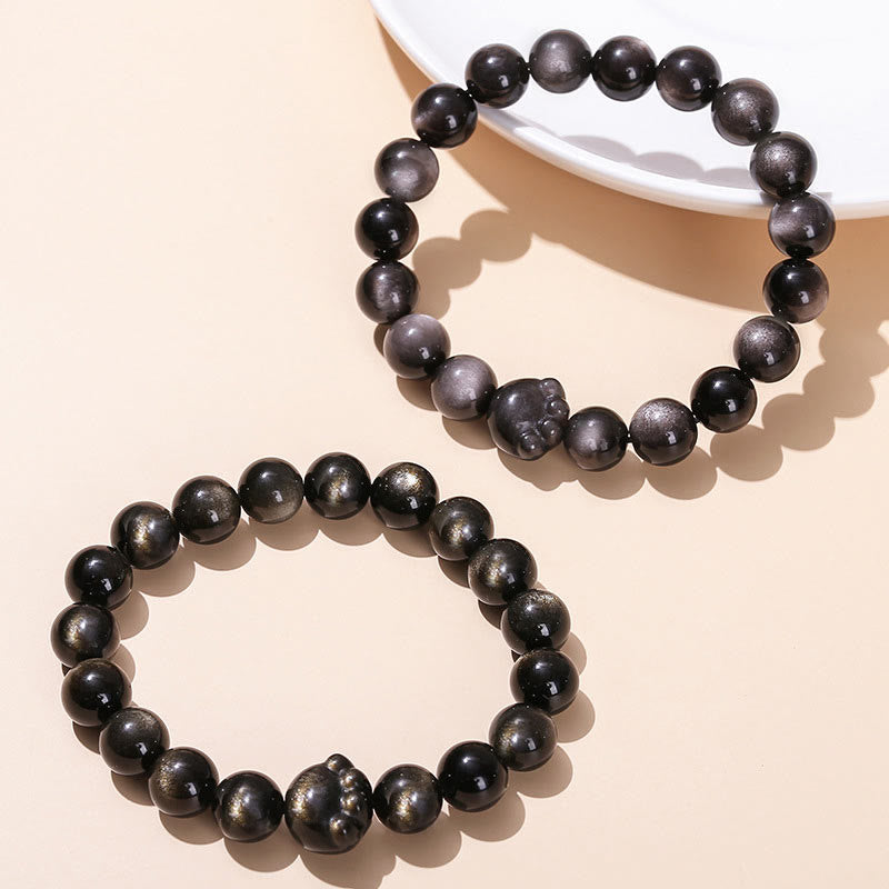 Bracelet de richesse en Buddha Stones naturelle et brillante en obsidienne argentée avec griffes de chat mignon - image 2