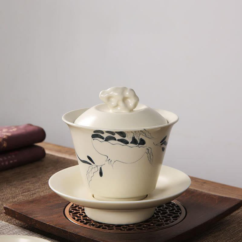 Buddha Stones peintes à la main Grenade Hibiscus Pin Lotus Céramique Gaiwan Sancai Tasse à thé Kung Fu Tasse à thé et soucoupe avec couvercle