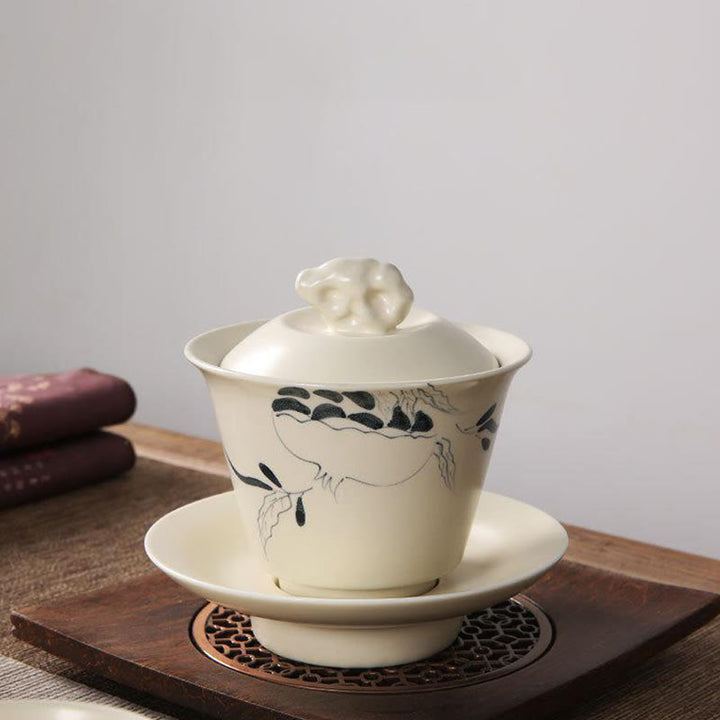 Buddha Stones peintes à la main Grenade Hibiscus Pin Lotus Céramique Gaiwan Sancai Tasse à thé Kung Fu Tasse à thé et soucoupe avec couvercle