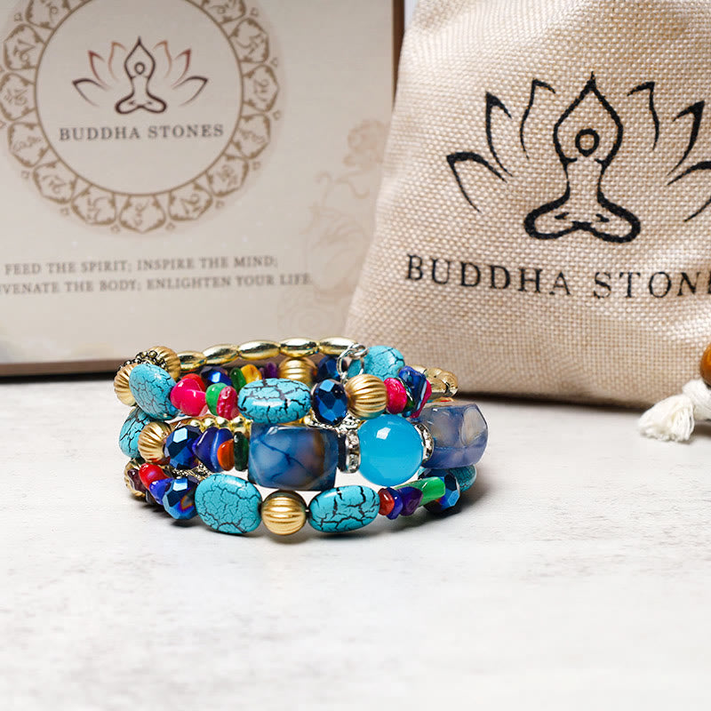 Bracelet de bénédiction multicouches en perles d'agate turquoise irrégulières avec Buddha Stones