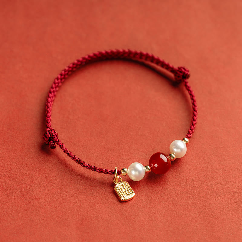 Bracelet tressé en fil rouge avec perles d'agate et personnage Fu en argent sterling 925 et Buddha Stones