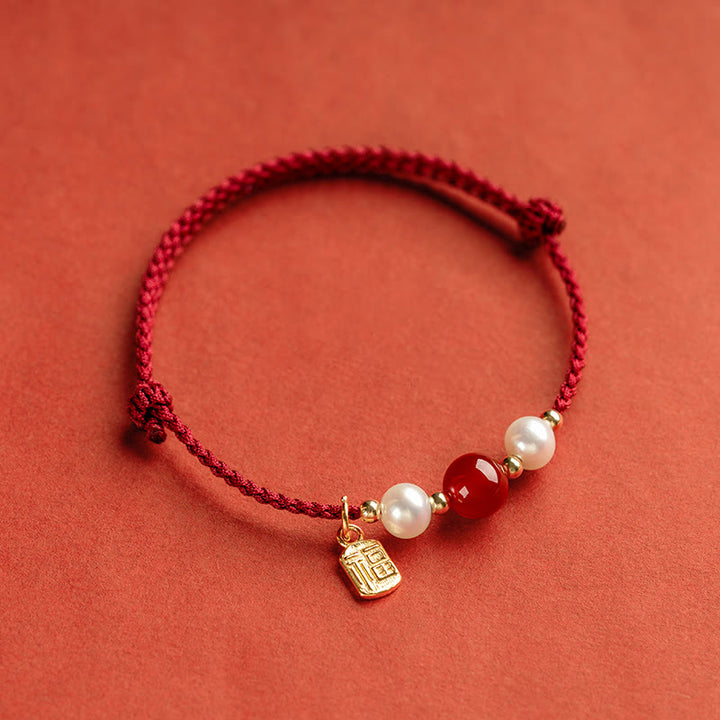 Bracelet tressé en fil rouge avec perles d'agate et personnage Fu en argent sterling 925 et Buddha Stones