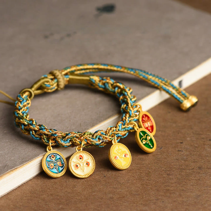 Bracelet en corde tressée fait main avec Buddha Stones tibétaines représentant les cinq dieux de la richesse et de la chance