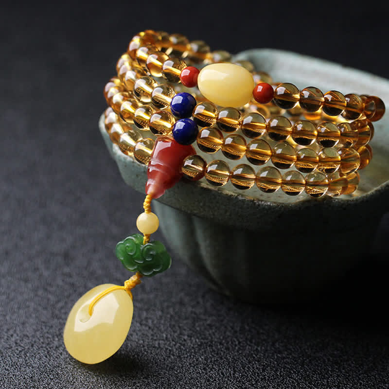 Bracelet à breloques de protection PiXiu en agate rouge avec boucle de paix en ambre et citrine naturelle de 108 perles de Mala - image 10