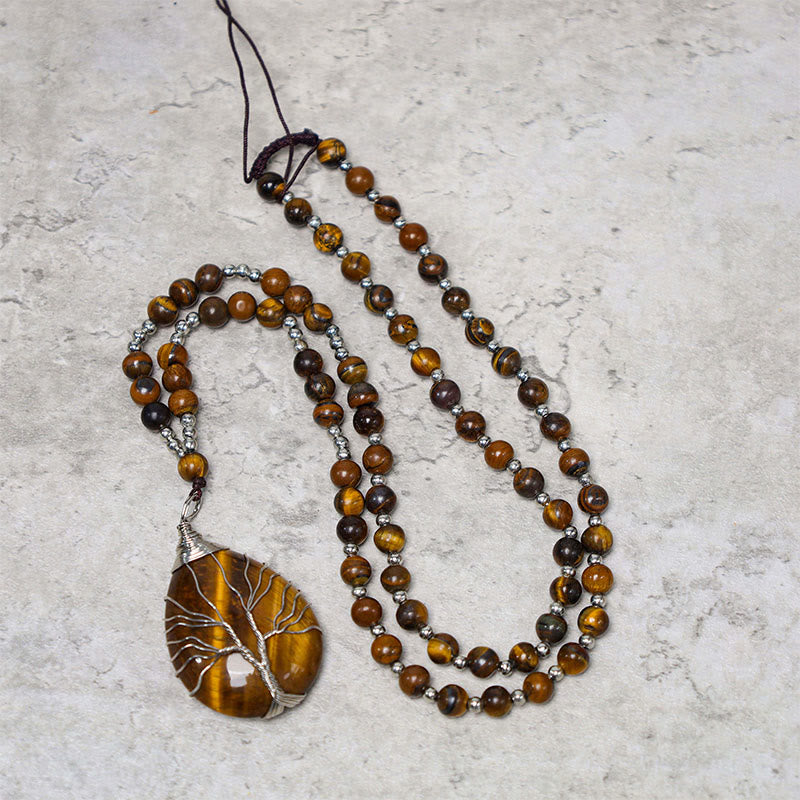 Collier avec pendentif en perles de force en œil de tigre naturel et Buddha Stones