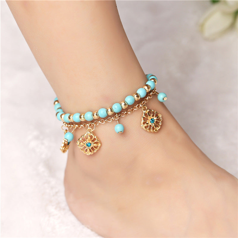 Lot de 2 bracelets de cheville en pierre turquoise avec protection en forme de fleur