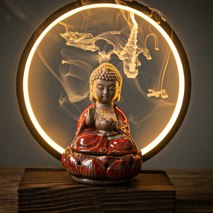 Buddha Stones Bouddha Lotus Fontaine à fumée à refoulement Brûleur d'encens de bénédiction en céramique avec décoration lumineuse