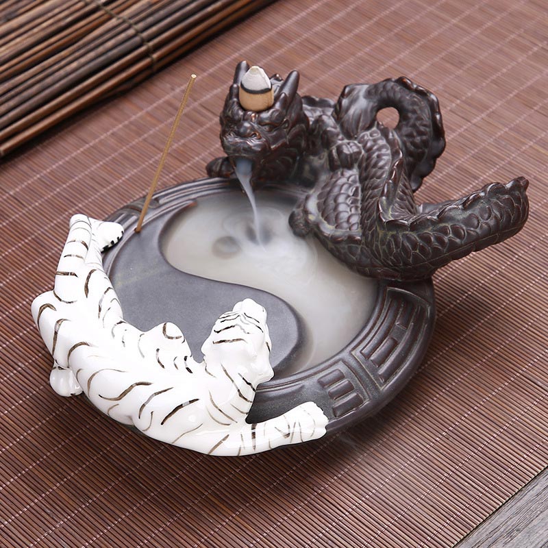 Fontaine à fumée à refoulement en Buddha Stones, tigre et dragon, en céramique, brûleur d'encens à bénédiction Yin Yang, décoration