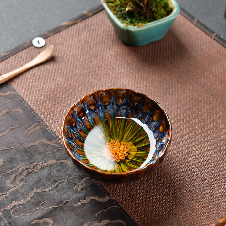 Tasse à thé en céramique incrustée de Buddha Stones, lotus, paon, dragon, phénix, poisson koï, 120 ml