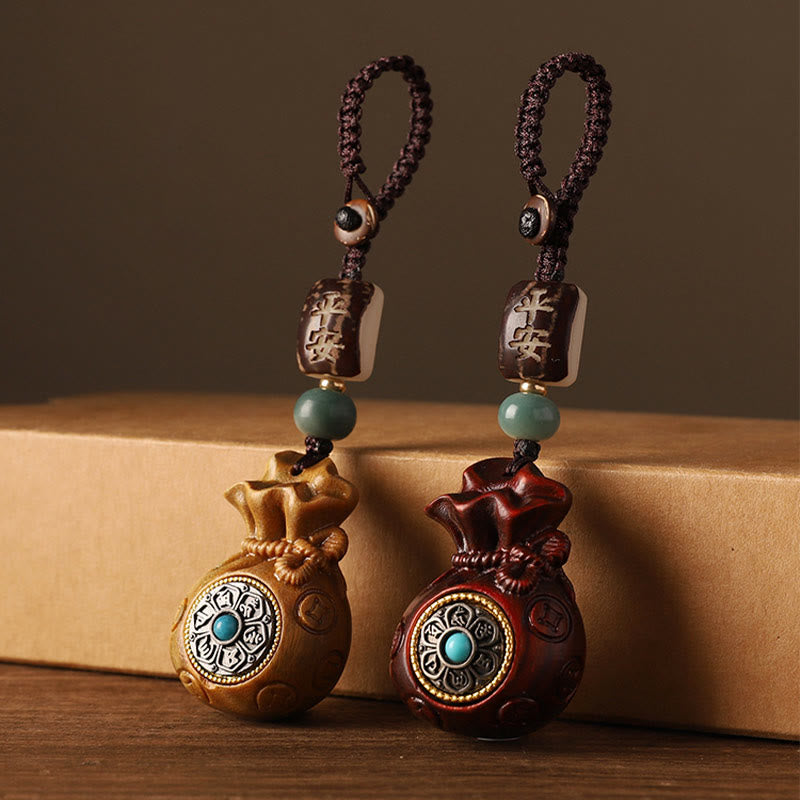 Buddha Stones Petite Feuille Bois de Santal Rouge Bois de Santal Vert Sac d'Argent Om Mani Padme Hum Protection Rotative Décoration Suspendue