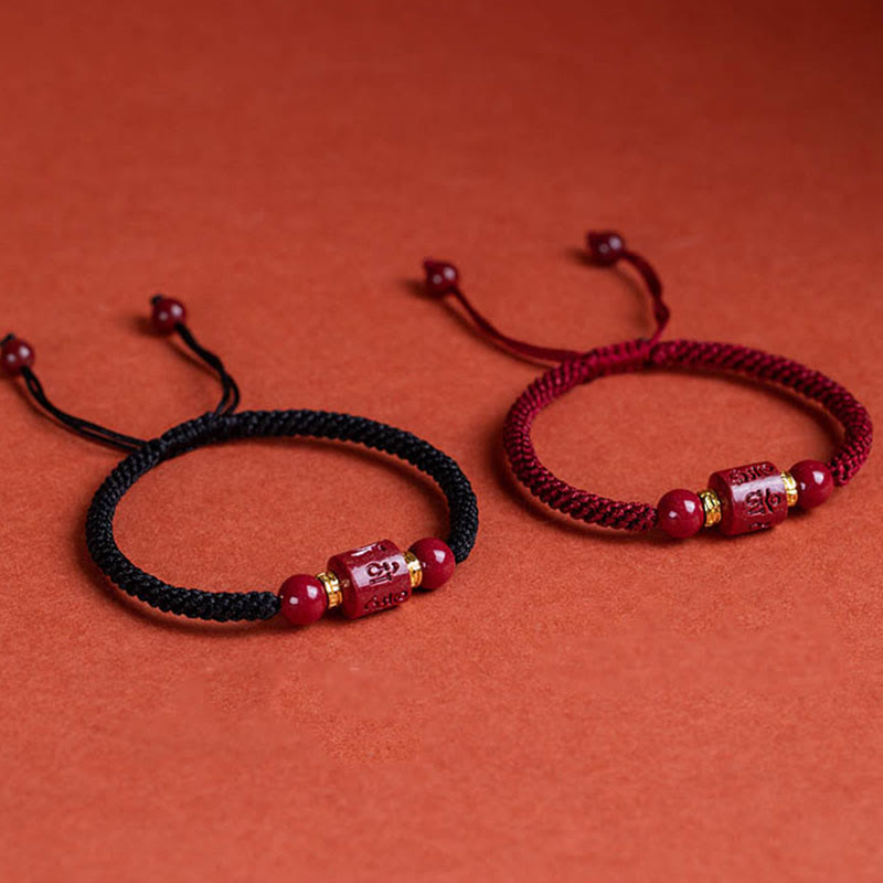 Bracelet tressé avec Buddha Stones tibétaines en cinabre Om Mani Padme Hum gravé et bénédiction