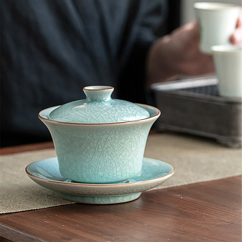 Tasse à thé et soucoupe en céramique avec couvercle en forme de Buddha Stones, style rétro, vert glacé, Gaiwan, Sancai