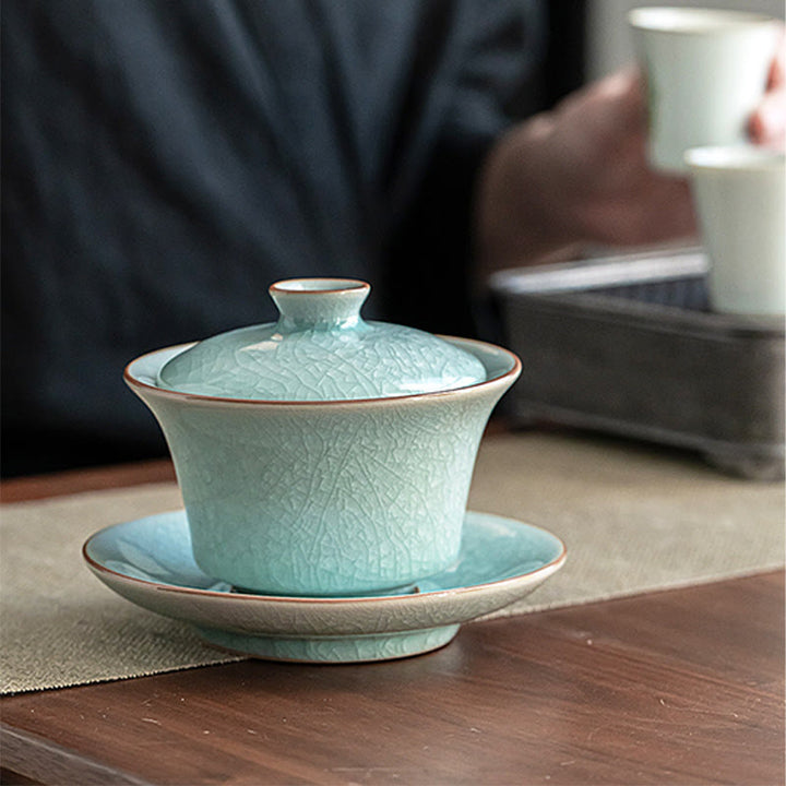 Tasse à thé et soucoupe en céramique avec couvercle en forme de Buddha Stones, style rétro, vert glacé, Gaiwan, Sancai