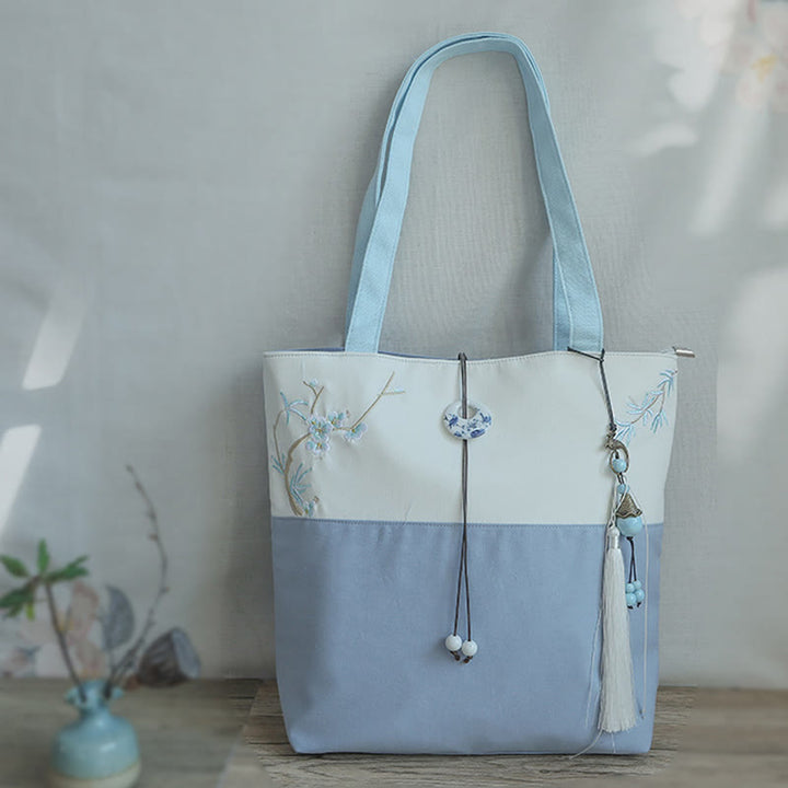 Sac à bandoulière en toile brodée de bambou avec fleur de poire, prunier, fleur de pêcher, grande capacité, sac fourre-tout