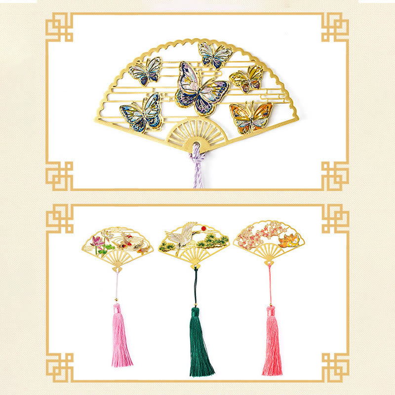 Buddha Stones Traditionnel Papillon Fleur de Lotus Grue Dragon Phénix Renard Poisson Koi Nouveau Départ Métal Laiton Éventail Creux Signets