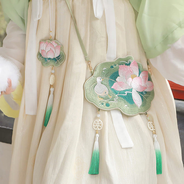 Sac à bandoulière avec broderie de Buddha Stones et de Lotus, poisson Koi, lapin, fleur, Hanfu - image 3