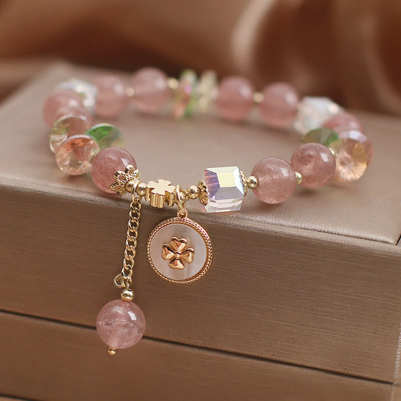 Bracelet porte-bonheur en quartz fraise et trèfle à quatre feuilles avec breloque de guérison et Buddha Stones