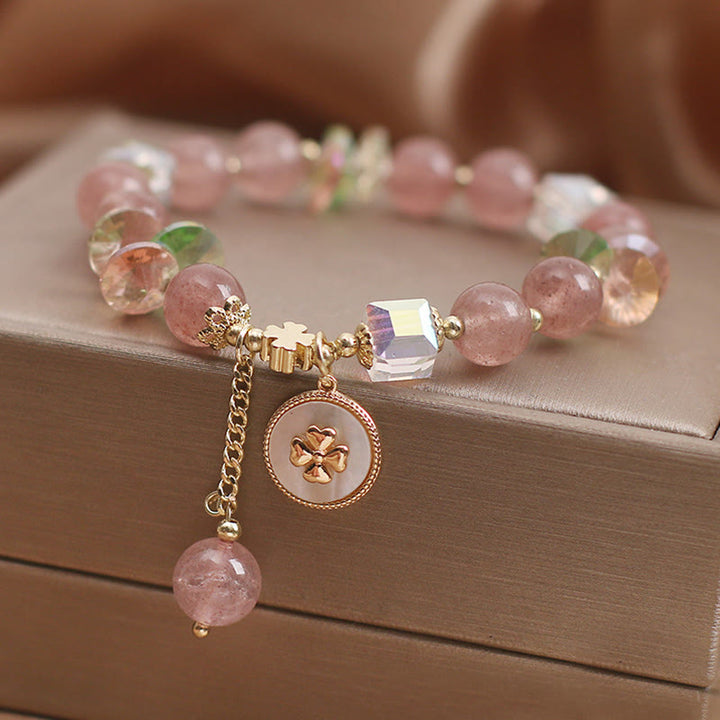 Bracelet porte-bonheur en quartz fraise et trèfle à quatre feuilles avec breloque de guérison et Buddha Stones