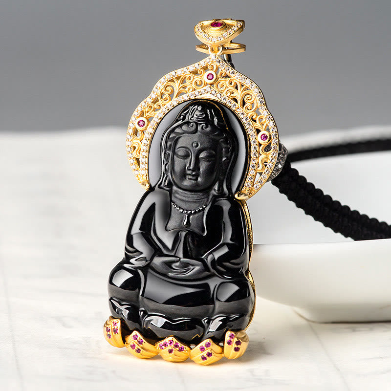 Collier pendentif en jade noir naturel Kwan Yin Avalokitesvara, symbole de richesse, avec chaîne en acier titane et Buddha Stones. - image 1