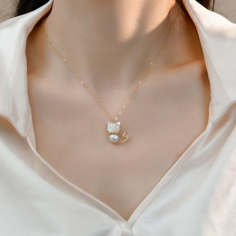 Collier avec pendentif en forme de chat porte-bonheur en jade Hetian plaqué or 14 carats avec Buddha Stones - image 4