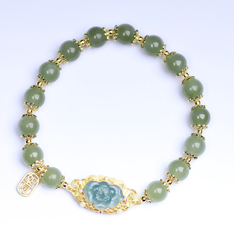 Bracelet porte-bonheur en argent sterling 925 plaqué or 14 carats avec lotus en jade Hetian