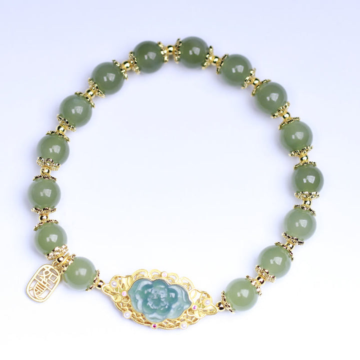 Bracelet porte-bonheur en argent sterling 925 plaqué or 14 carats avec lotus en jade Hetian