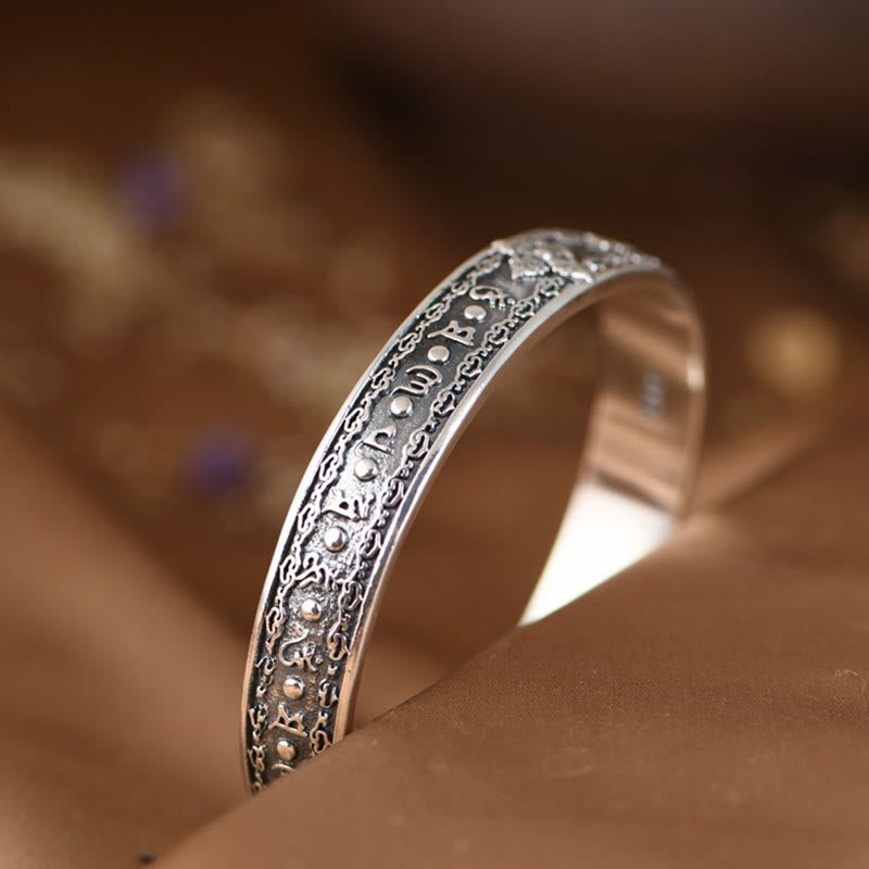 Bracelet manchette de sagesse gravé en argent sterling 925 Buddha Stones Om Mani Padme Hum Double Dorje