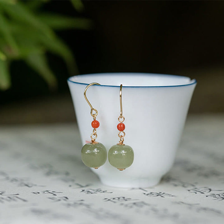 Boucles d'oreilles pendantes porte-bonheur en jade rouge Hetian plaqué or 14 carats et argent sterling 925 avec Buddha Stones - image 4