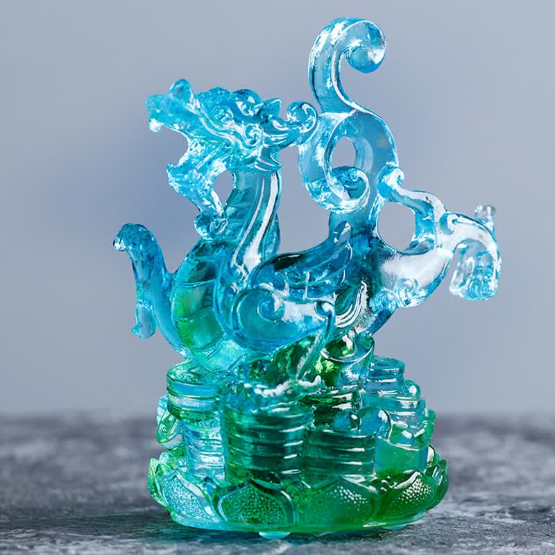 Buddha Stones Feng Shui Quatre symboles Dragon azur Pièce d'art en cristal Liuli faite à la main Décoration de bureau à domicile