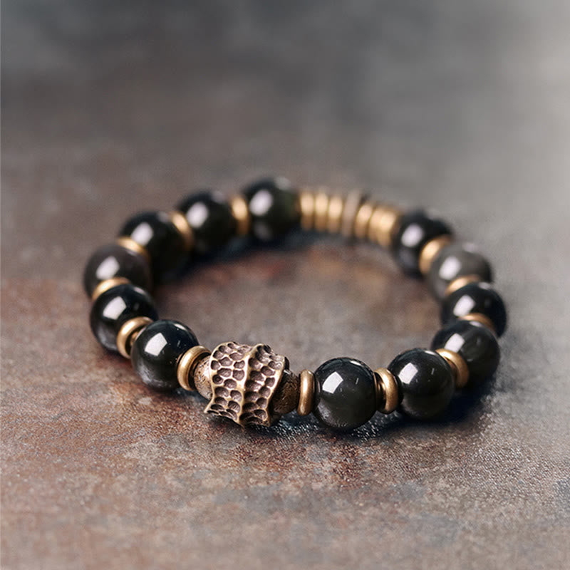 Bracelet de guérison d'amour en cuivre et obsidienne arc-en-ciel avec Buddha Stones