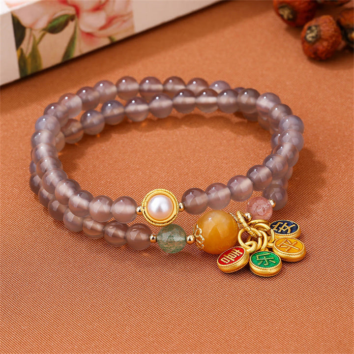Bracelet double tour en agate grise naturelle avec breloque paix et joie et Buddha Stones