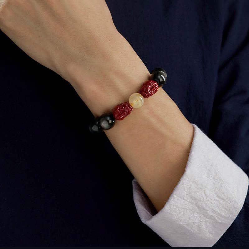 Bracelet de protection en Buddha Stones dorée et brillante PiXiu Cinabre Om Mani Padme Hum