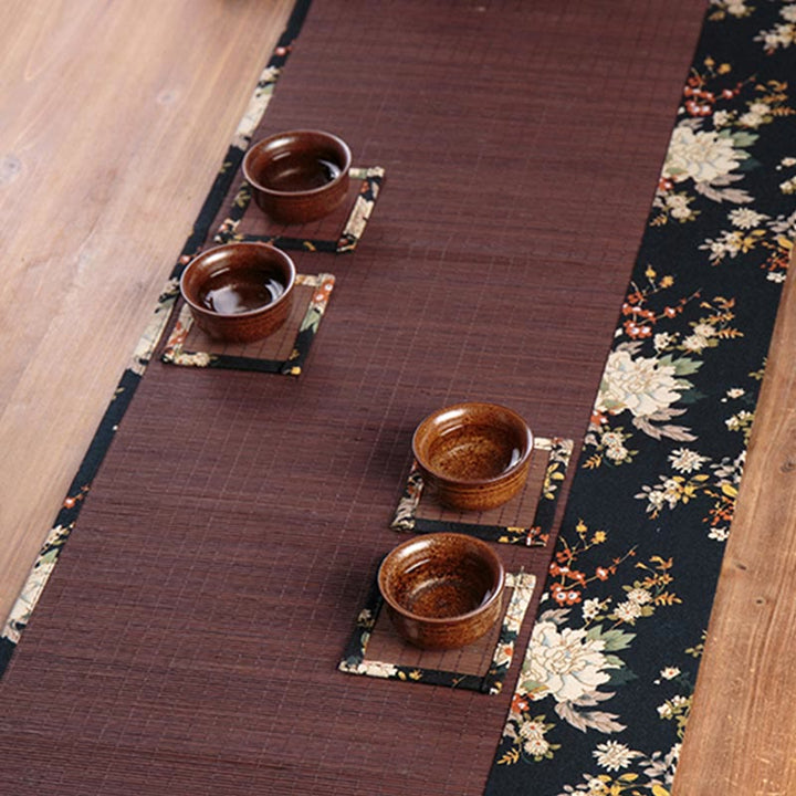 Dessous de verre en bambou avec motif de pivoine vintage et Buddha Stones