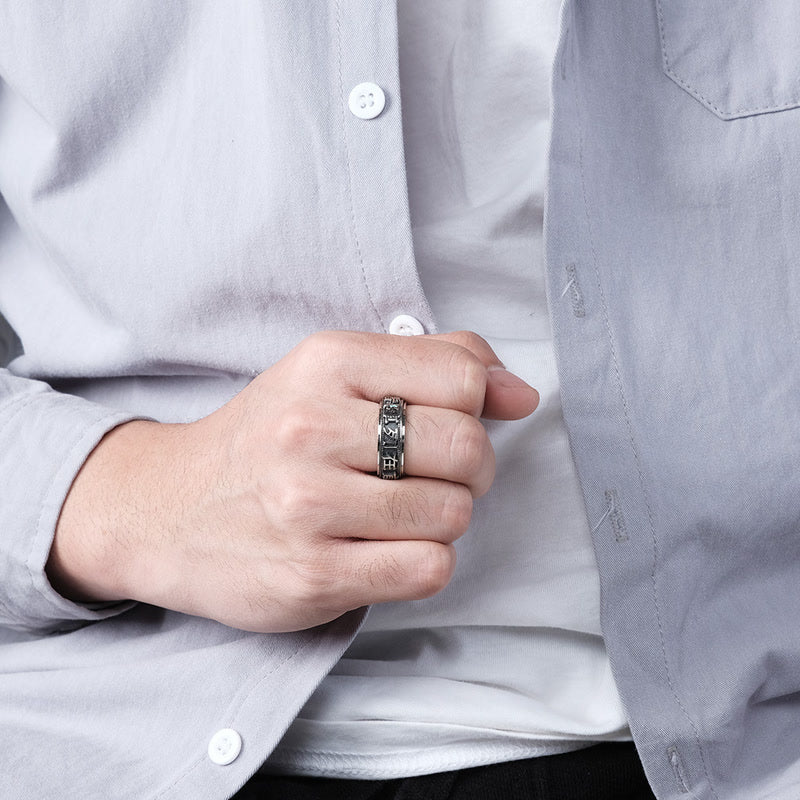 Bague rotative en acier titane avec mots et lettres, équilibre et calme