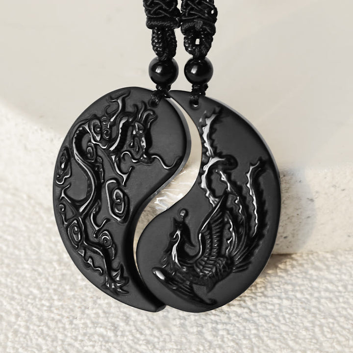 Collier pendentif porte-bonheur en obsidienne noire avec Buddha Stones et dragon Yin Yang et phénix - image 3