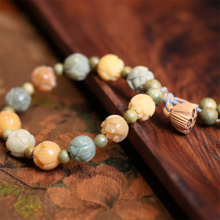 Bracelet d'harmonie de sagesse en bois de santal vert et graines de lotus Bodhi Buddha Stones